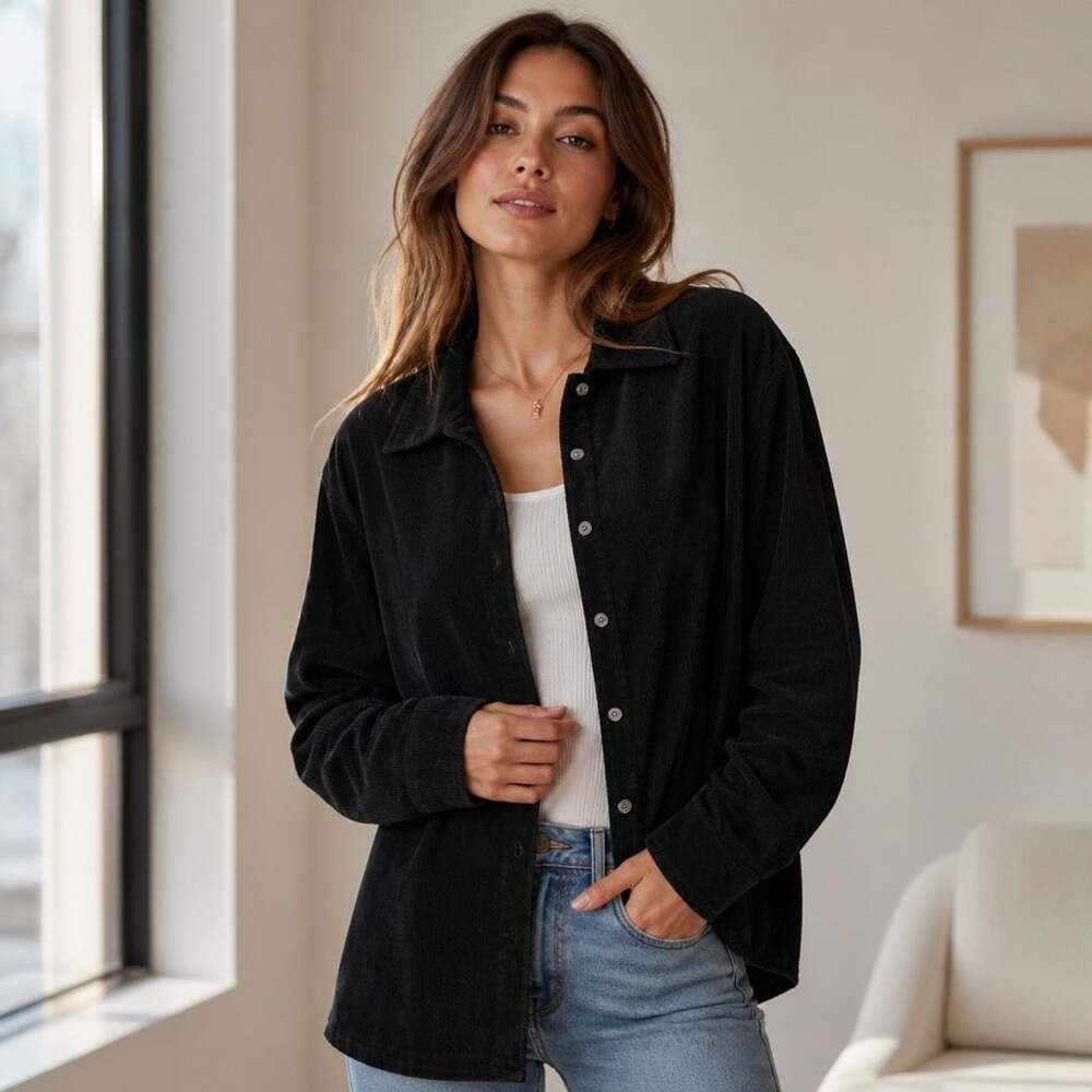 Ashley Hill Black Corduroy Button-Down Long Sleeve Oversized Shirt Jacket Size L